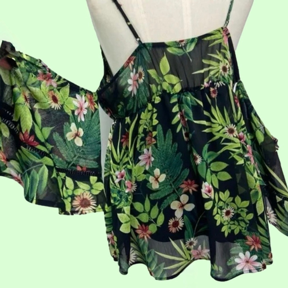 VENUS Tropical Green Black Off Shoulder Spaghetti Strap Blouse Women’s Size L - Picture 3 of 10